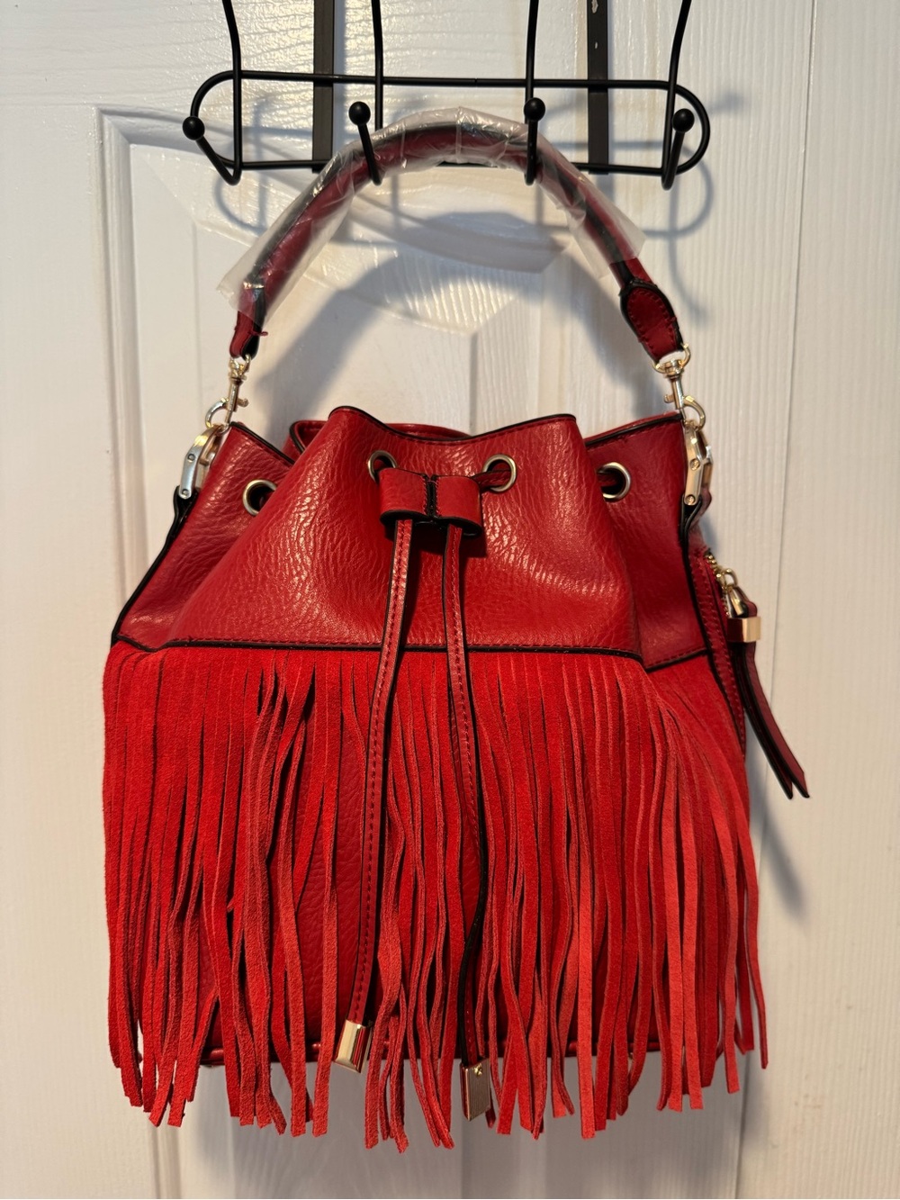 Red Fringe Drawstring Shoulder Bag - Women's Bucket Style